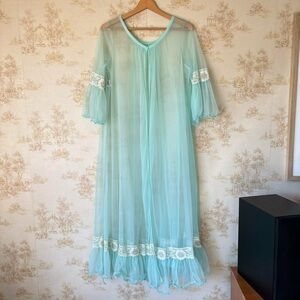 Vintage 70s Montgomery Ward Sheer Blue Peignoir Lace Trim Coquette Robe